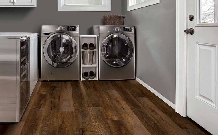 Dark Brown Hardwood Look Luxury Vinyl Flooring Laundry Room